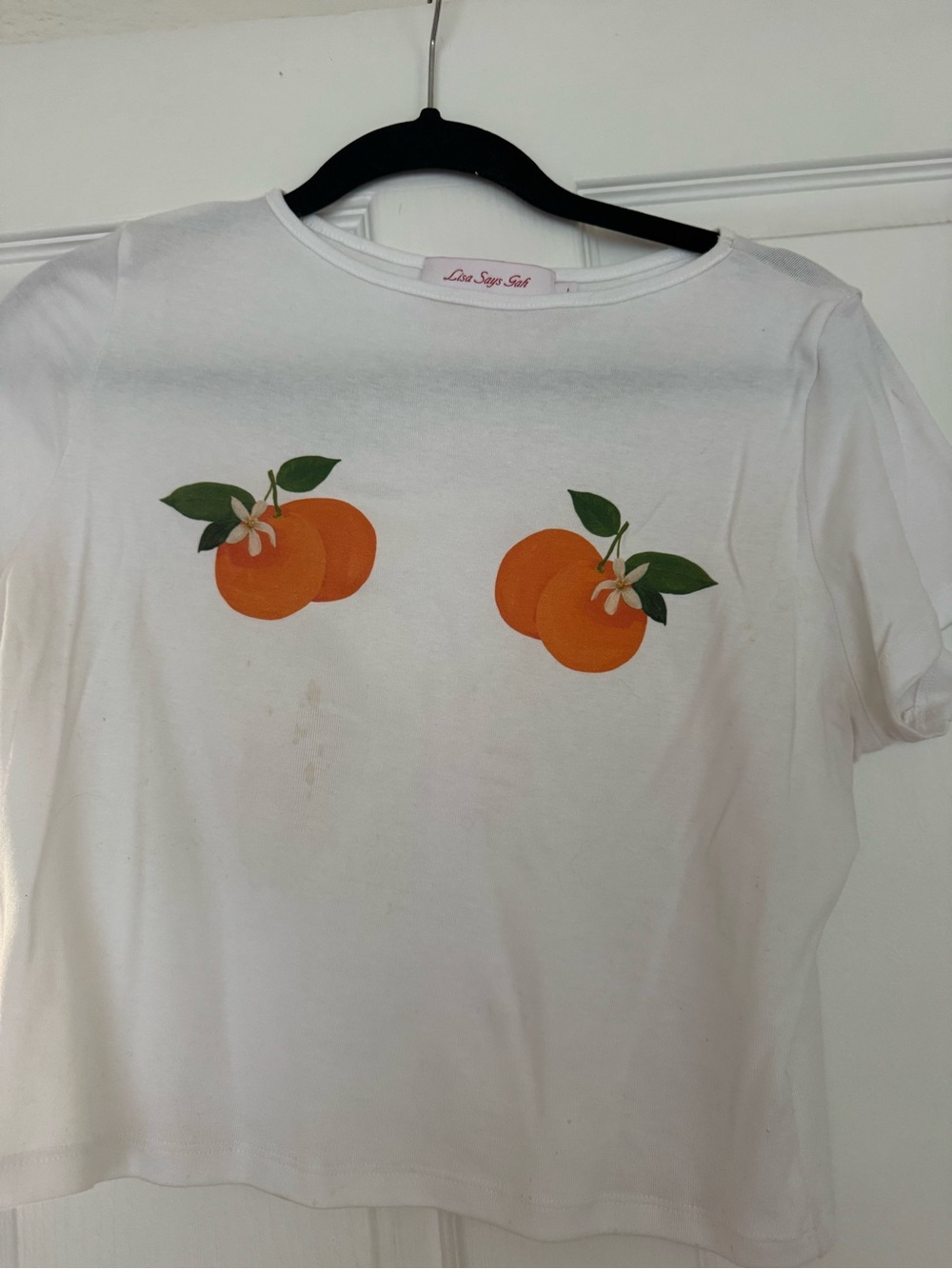 Lisa Says Gah White Tee with Orange Fruit Prints (STAINED)